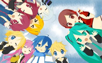 >_< 2boys 6+girls ahoge akita_neru aqua_eyes aqua_hair aqua_necktie beni_oboro blue_eyes blue_hair blue_scarf coat commentary_request fingerless_gloves gloves hair_ribbon hatsune_miku kagamine_len kagamine_rin kaito_(vocaloid) kasane_teto kasane_teto_(utau) long_hair lucky_star megurine_luka meiko_(vocaloid) multiple_boys multiple_girls necktie one_eye_closed open_mouth otone_peke parody pink_eyes pink_hair red_gloves red_vest ribbon sakine_meiko scarf shirt smile style_parody utau v very_long_hair vest vocaloid white_coat white_hair white_ribbon white_shirt yowane_haku