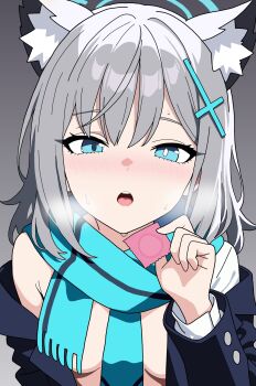 1girl 4f1ve_cyc animal_ear_fluff animal_ears blue_archive blue_halo blue_jacket blue_scarf blush breasts commentary condom cross cross_hair_ornament extra_ears hair_ornament halo highres holding holding_condom inverted_cross jacket looking_at_viewer medium_hair mismatched_pupils open_clothes scarf shiroko_(blue_archive) shirt wolf_ears