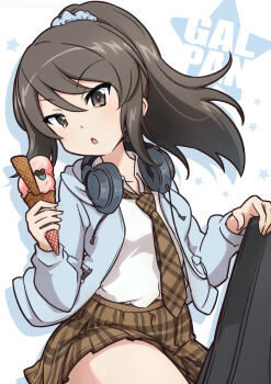 1girl alternate_costume alternate_hairstyle blue_hoodie blue_scrunchie brown_eyes brown_hair brown_necktie brown_skirt commentary drawstring dress_shirt ehirorotoon food girls_und_panzer hair_ornament hair_scrunchie hair_up headphones headphones_around_neck highres holding holding_food hood hood_down hoodie ice_cream_cone long_hair long_sleeves looking_at_viewer mika_(girls_und_panzer) miniskirt necktie no_headwear open_clothes open_hoodie open_mouth plaid_clothes plaid_necktie plaid_skirt pleated_skirt ponytail school_uniform scrunchie shirt sitting skirt solo white_shirt wing_collar