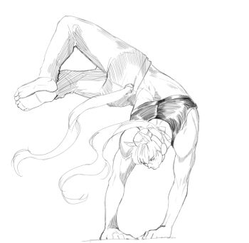 acrobatics animal_ears back back_focus barefoot bow cartwheel deltoids ear_bow ear_covers ear_ribbon flexible from_behind gold_ship_(umamusume) handstand horse_ears horse_girl horse_tail median_furrow monochrome muscular muscular_female pants pillbox_hat shoulder_blades sketch sweatpants tail umamusume upside-down vennyyyy_draws white_background
