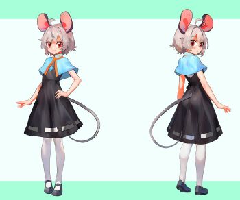 1girl absurdres ahoge animal_ears ass black_dress black_shoes blue_capelet capelet closed_mouth commentary commission dress english_commentary full_body grey_hair hand_on_own_hip highres jewelry looking_at_viewer mouse_ears mouse_girl mouse_tail multiple_views nazrin open_mouth pantyhose pendant red_eyes second-party_source shoes short_hair smile tail touhou tsukiyono_aroe variant_set white_pantyhose
