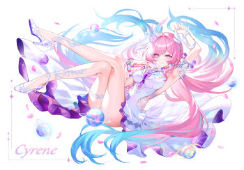 1girl absurdres arm_up armpits character_name closed_mouth crossed_legs cyrene_(honkai:_star_rail) cyrene_(ripples_of_past_reverie)_(honkai:_star_rail) dress floating_hair flower full_body hair_flower hair_ornament high_heels highres honkai:_star_rail honkai_(series) lalazyt long_hair looking_at_viewer pink_hair shoes simple_background smile thighs very_long_hair white_background white_dress