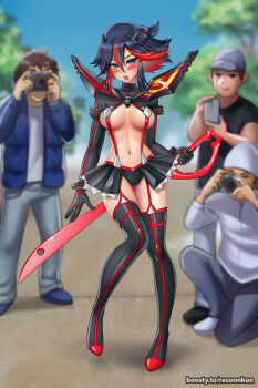 1girl 3boys areola_slip armor bare_arms baseball_cap black_boots black_eyes black_gloves black_hair black_horns black_panties black_shirt black_shoes black_skirt blue_eyes blue_jacket blue_shoes blue_sky blurry blurry_background blush boots breasts breasts_apart brown_hair camera closed_mouth colored_inner_hair day embarrassed full_body garter_straps gloves grey_hat grey_pants hair_flaps hashtag-only_commentary hat highres holding holding_camera holding_knife holding_phone horns jacket kill_la_kill knees_together_feet_apart knife long_sleeves looking_at_another looking_at_viewer matoi_ryuuko medium_breasts miniskirt multicolored_hair multiple_boys navel on_one_knee open_clothes open_jacket open_mouth outdoors panties pants phone pleated_skirt racoon-kun red_hair red_trim revealing_clothes shirt shoes short_hair short_sleeves shoulder_armor sidelocks skirt sky small_horns smile solo_focus standing stomach streaked_hair suspenders t-shirt teeth thigh_boots thigh_gap tongue tree turtleneck two-tone_hair underboob underwear upper_teeth_only v-shaped_eyebrows very_short_hair watermark web_address white_shirt white_shoes