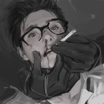 1boy 1other blood blood_on_face broken_eyewear cigarette collared_shirt dead_by_daylight dwight_fairfield endless_(1482999) glasses greyscale hands_on_another&#039;s_face holding holding_cigarette looking_ahead male_focus monochrome nosebleed open_collar out_of_frame parted_lips shirt short_hair sideburns solo_focus spot_color teeth upper_body