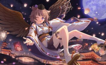 Rule 34 | 1girl, bell, bird, bird wings, black feathers, black wings, brown hair, cherry blossoms, clock, clock tower, commentary request, crescent moon, crow, detached sleeves, feathered wings, feathers, flying, full moon, game asset, geta, hat, highres, japanese clothes, jingle bell, kourindou tengu costume, lantern, letterboxed, looking at viewer, moon, moonlight, night, non-web source, obi, official art, one eye closed, open mouth, petals, pillarboxed, pointy ears, pom pom (clothes), purple eyes, red moon, ribbon-trimmed sleeves, ribbon trim, sash, sasuga chisa, self-datamine, short hair, single wing, skirt, sky, smile, solo, star (sky), tengu, tengu-geta, tokin hat, tower, wide sleeves, wings, world dai star