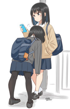 Rule 34 | 2girls, artist name, bag, black hair, black pantyhose, black shoes, blue bag, blue eyes, blue skirt, bob cut, cellphone, colored inner hair, dated, double-parted bangs, face on another's chest, hair between eyes, highres, holding, holding phone, loafers, multicolored hair, multiple girls, original, pantyhose, phone, pleated skirt, retsumaru, school bag, shoes, short hair, sidelocks, signature, simple background, sketch background, skirt, smartphone, standing, white background
