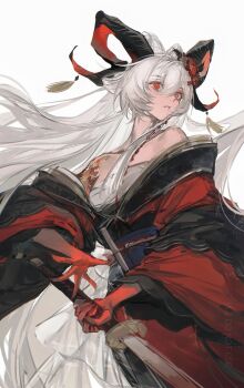 chest_sarashi chunbuchou goat_horns hair_between_eyes highres holding holding_sword holding_weapon horns japanese_clothes katana kimono long_hair obi open_clothes open_kimono open_mouth original print_kimono red_eyes red_kimono sarashi sash shoulder_tattoo sidelocks simple_background sword tattoo weapon white_background white_hair
