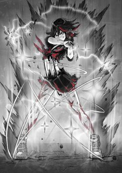 1girl absurdres black_hair breasts closed_mouth female_focus fighting_stance full_body gloves hair_between_eyes highres kill_la_kill legs_apart long_hair looking_at_viewer manip matoi_ryuuko microskirt midriff multicolored_hair navel pleated_skirt red_hair sailor_collar school_uniform serafuku shirt shoes short_sleeves single_glove skirt sneakers solo sparkle standing streaked_hair suspenders two-tone_hair