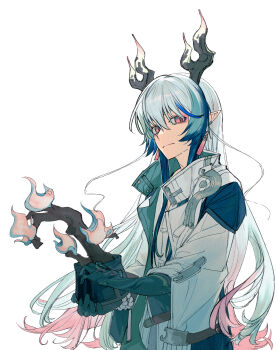 Rule 34 | 1boy, absurdres, arknights, blue hair, blue hands, chinese commentary, closed mouth, colored extremities, commentary request, dragon boy, dragon horns, earrings, eastern dragon horns, flower pot, grey hair, hair between eyes, highres, holding, holding flower pot, horns, jacket, jewelry, long hair, looking at viewer, male focus, multicolored hair, ofuda earrings, pink eyes, plant, pointy ears, potted plant, simple background, smile, solo, songshu guan, streaked hair, upper body, white background, white jacket, yi (arknights)