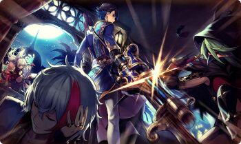 2boys 2girls ankh_(ta_ga_tame_no_alchemist) assassin assassination aswald_(ta_ga_tame_no_alchemist) black_hood blue_hair carla_(ta_ga_tame_no_alchemist) closed_eyes closed_mouth commentary fingerless_gloves gloves glowing glowing_eyes green_hair gunlance hair_between_eyes hand_on_own_cheek hand_on_own_face head_rest holding holding_polearm holding_sword holding_weapon hood hood_up indoors jewelry mask multiple_boys multiple_girls night night_sky official_art pants polearm ring ryle_(ta_ga_tame_no_alchemist) short_hair short_sword sky sword ta_ga_tame_no_alchemist third-party_source weapon white_pants