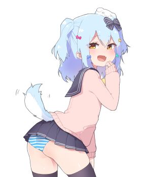 13o 1boy :d ass bad_id bad_pixiv_id black_thighhighs blue_hair bow crossdressing crossdressing_(mtf) dog_boy dog_hair_ornament dog_tail double_horizontal_stripe fang gradient_eyes hair_ornament highres inuyama_tamaki looking_at_viewer looking_back multicolored_eyes noripro open_mouth panties paw_pose simple_background skirt smile striped_bow striped_clothes striped_panties tail thighhighs thighs trap underwear virtual_youtuber white_background yellow_bow yellow_eyes