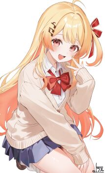 1girl :d ahoge blonde_hair blue_skirt bow bowtie brown_eyes brown_shoes cardigan center-flap_bangs collared_shirt commentary_request double-parted_bangs fortissimo gradient_hair hair_ornament hair_ribbon hairclip hand_up highres hololive hololive_dev_is kneeling loafers long_hair long_sleeves looking_at_viewer loose_socks miniskirt multicolored_hair musical_note musical_note_hair_ornament one_side_up open_mouth orange_hair otonose_kanade pleated_skirt red_bow red_bowtie red_ribbon ribbon school_uniform shirt shoes sidelocks skirt sleeves_past_wrists smile socks solo uekana9 very_long_hair virtual_youtuber w white_background white_cardigan white_shirt white_socks