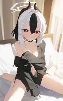 1girl between_legs black_choker black_hair black_horns black_shirt blue_archive blush breasts choker closed_mouth collarbone commentary demon_horns grey_halo hair_between_eyes halo hand_between_legs highres horns indoors kayoko_(blue_archive) long_sleeves looking_at_viewer mole mole_on_collarbone multicolored_hair naked_shirt navel nnmbpx on_bed ponytail red_eyes shirt shirt_partially_removed single_bare_shoulder single_sleeve_past_fingers single_sleeve_past_wrist sitting smile solo two-tone_hair wariza white_hair