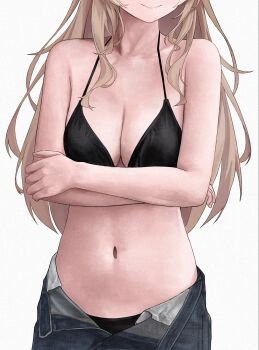1girl bikini black_bikini breasts brown_eyes brown_hair closed_mouth highres hololive hololive_english long_hair medium_breasts nanashi_mumei navel open_fly simple_background smile solo swimsuit triangle_bikini_top unmeidesu virtual_youtuber white_background