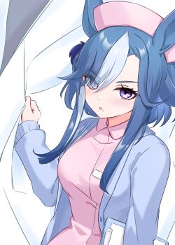 1girl admire_groove_(umamusume) alternate_costume animal_ears blue_hair breasts funamori hat highres horse_ears horse_girl large_breasts long_sleeves looking_at_viewer medium_hair mole mole_under_mouth multicolored_hair nurse nurse_cap purple_eyes umamusume white_hair
