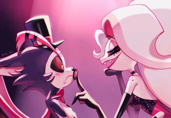 Rule 34 | 2boys, angel dust, black gloves, breasts, commentary request, crossdressing, drag queen, dress, elbow gloves, gloves, hazbin hotel, hellaverse, highres, humanization, husk (hazbin hotel), large breasts, long hair, multiple boys, pink hair, rau hell, red dress, side slit, smile, yaoi