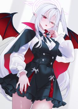 1girl absurdres alternate_costume bat_wings black_cape black_dress blue_archive cape capelet dress fangs fingernails grey_wings halloween halloween_costume halo head_wings highres long_hair looking_at_viewer monocle nail_polish pointy_ears purple_halo red_eyes sharp_fingernails shirt single_head_wing single_wing solo suzumi_(blue_archive) tax_(zeita_gundam) vampire white_hair white_shirt wings