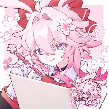 1girl :q animal_ears blue_eyes border bow bowtie cherry_blossoms chibi chibi_inset commentary evanescia_(honkai:_star_rail) flower gloves hair_intakes highres holding holding_paper holding_pen honkai:_star_rail honkai_(series) looking_at_viewer nekooooowo paper pen pink_background pink_hair purple_eyes rabbit_ears red_bow red_bowtie shirt short_hair simple_background smile tongue tongue_out untranslatable_commentary upper_body v-shaped_eyebrows watermark white_border white_gloves white_shirt