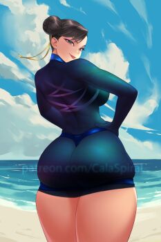 1girl ass beach brown_eyes brown_hair calad_g capcom chun-li dress from_behind gabriel_carrasquillo highres huge_ass lipstick looking_back makeup ocean sky smile solo street_fighter thick_thighs thighs thong tongue tongue_out translucent see-through_dress