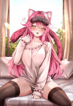 1girl absurdres animal_ears artist_name bed black_bra black_mask black_nails black_panties blush bra bra_visible_through_clothes breasts brown_thighhighs commentary curtains day fingernails hair_intakes hashtag-only_commentary heart heart_print highres hololive hololive_english indoors large_breasts long_hair long_sleeves looking_at_viewer mask mask_on_head nail_polish open_mouth panther_ears panther_girl panther_tail panties pillow pink_hair pink_lips pink_tail plant raora_panthera rinkosannn shirt sitting sleep_mask sleeves_past_wrists solo tail teeth thighhighs thighs tongue underwear virtual_youtuber white_shirt window yellow_eyes