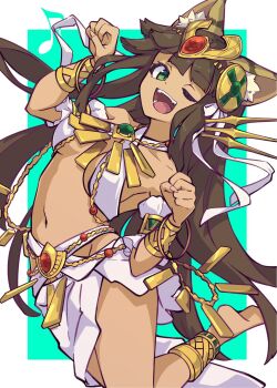 Rule 34 | 1girl, ancient egyptian, ancient egyptian clothes, animal ears, anklet, armlet, bastet (p&amp;d), bracer, cat ears, criss-cross halter, dark-skinned female, dark skin, fang, green eyes, halterneck, headdress, headpiece, highres, jewelry, kokutei n, navel, one eye closed, open mouth, puzzle &amp; dragons, solo