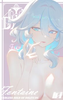 1girl absurdres blue_eyes blue_hair breasts commentary double-parted_bangs drop-shaped_pupils finger_to_mouth furina_(genshin_impact) genshin_impact hair_between_eyes hand_up heterochromia highres looking_at_viewer medium_breasts medium_hair mismatched_pupils nude oro_(lsg0624) parted_lips purple_background solo symbol-shaped_pupils upper_body