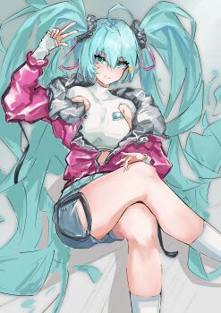 1girl absurdres aqua_eyes aqua_hair armpit_cutout breasts clothing_cutout commentary crop_top crossed_legs hair_ornament hair_scrunchie hatsune_miku highres invisible_chair jacket long_hair medium_breasts midriff nakirikea pink_jacket scrunchie short_shorts shorts sitting sleeves_past_wrists smile socks solo solwa twintails very_long_hair vocaloid w white_socks