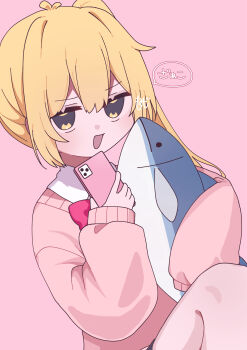 Rule 34 | 1girl, absurdres, akita neru, animal, blonde hair, bow, bowtie, fish, fish-shaped pillow, grey eyes, highres, holding, holding animal, holding fish, holding phone, jitome, looking at viewer, phone, pink background, pink bow, pink bowtie, school uniform, side ponytail, sitting, sleeves past fingers, sleeves past wrists, smile, solo, translation request, user zuca2377, vocaloid, zako (phrase), zako (vocaloid)