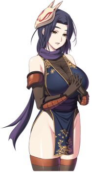 Rule 34 | 1girl, bare legs, bare shoulders, black hair, breasts, cleavage, dungeon of regalias, elbow gloves, fox mask, game cg, gloves, large breasts, looking at viewer, m&amp;m (mickey and mackey), mask, mature female, mole, ninja, official art, orange eyes, pelvic curtain, tatewaki shizuku, thick thighs, thighhighs, thighs