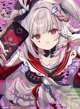 1girl absurdres animal_ears artist_name bow braid butterfly-shaped_pupils choker clothing_cutout commentary cursor dress facial_mark frills glitch hat highres holding holding_phone honkai:_star_rail honkai_(series) leaning_forward looking_at_viewer mismatched_eyebrows monocle nail_polish phone pink_eyes rabbit_ears ronm_nena side_braid sparkle_(honkai:_star_rail) sparxie_(honkai:_star_rail) symbol-shaped_pupils twintails v white_hair