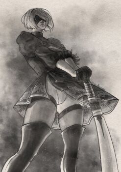 Rule 34 | 1girl, 2b (nier:automata), bob cut, commentary, english commentary, gloves, greyscale, holding, holding sword, holding weapon, ink, katana, looking at viewer, monochrome, nier:automata, nier (series), planted, planted sword, planted weapon, pulkamen, short hair, solo, sword, thighhighs, weapon