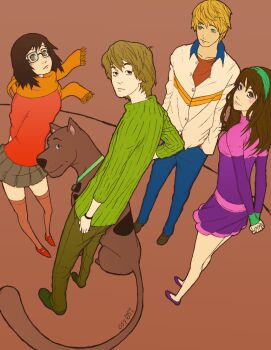 2boys 2girls alternate_legwear animification brown_hair cartoon_network colorized cowboy_shot daphne_blake dog fred_jones hanna-barbera multiple_boys multiple_girls no_legwear osy057 pantyhose scooby-doo scooby-doo_(character) shaggy_rogers thighhighs velma_dinkley