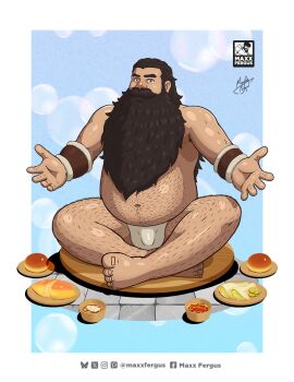 1boy bara beard belly bread brown_hair bulge covered_penis crossed_legs dungeon_meshi dwarf facial_hair fat fat_man food full_body hairy highres loincloth long_beard looking_at_viewer male_focus maxxfergus merchandise_available muscular muscular_male mustache offering_hand senshi_(dungeon_meshi) sitting solo sparse_chest_hair sparse_navel_hair thick_arm_hair thick_eyebrows thick_mustache thick_navel_hair topless_male very_hairy very_long_beard