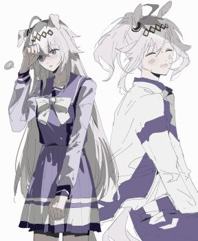 1girl :d ^_^ absurdres ahoge animal_ears averting_eyes blue_eyes blush bow bowtie closed_eyes diamond_hairband ears_down embarrassed floating_hair hair_flaps hand_up high_ponytail highres horse_ears horse_girl horse_tail jacket kasamatsu_tracen_training_uniform long_hair long_sleeves miniskirt multiple_views nose_blush oguri_cap_(umamusume) open_mouth pants parted_lips pleated_skirt ponytail purple_pants purple_sailor_collar purple_serafuku purple_shirt purple_skirt qing_yan_xia sailor_collar school_uniform serafuku shirt shy sidelocks simple_background sketch skirt sleeve_cuffs smile spoken_blush straight_hair sweat tail tracen_school_uniform track_jacket track_pants track_suit turning_head umamusume umamusume:_cinderella_gray very_long_hair white_background white_bow white_bowtie white_hair white_jacket winter_uniform