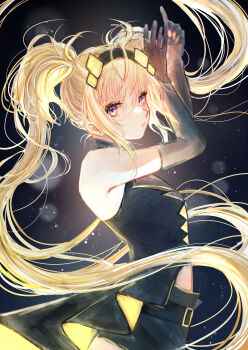 Rule 34 | 1girl, absurdres, black background, black gloves, black hairband, black shirt, black shorts, blonde hair, dark jewel, gloves, hairband, highres, hoshina utau, long hair, looking at viewer, midriff peek, parted lips, purple eyes, shirt, shorts, shugo chara!, solo, teeth, twintails, typhoon0418