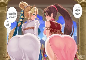 2girls absurdres ass ass_focus bare_shoulders blonde_hair blue_eyes blue_sky bow breasts brown_eyes brown_hair castle circlet cityscape commentary commission commissioner_upload dress english_commentary english_text fire_emblem fire_emblem:_archanea_saga fire_emblem:_mystery_of_the_emblem fire_emblem:_new_mystery_of_the_emblem fire_emblem:_shadow_dragon fire_emblem:_shadow_dragon_and_the_blade_of_light gate hair_bow hair_ornament hair_tie highres huge_ass imminent_penetration linde_(fire_emblem) long_hair looking_at_viewer magical_girl multiple_girls neck_ribbon nintendo nyna_(fire_emblem) palace pillar pink_dress pink_robe ponytail presenting_own_ass presenting_own_body princess revolverwing ribbon robe sideboob sky speech_bubble thighs tiara white_dress