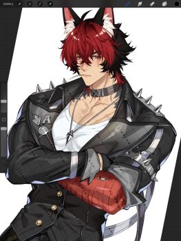 1boy animal_ears artist_name black_choker black_hair black_jacket choker closed_mouth collarbone crossed_arms dog_boy dog_ears highres jacket jewelry komano_manato long_sleeves looking_at_viewer male_focus multicolored_hair muscular muscular_male necklace pectoral_cleavage pectorals red_bandage red_eyes red_hair rourouki scar scar_across_eye scar_on_chest scar_on_face shirt short_hair solo spiked_jacket upper_body white_shirt zenless_zone_zero