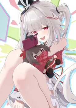Rule 34 | 1girl, absurdres, black gloves, black hat, capelet, character doll, colorful background, doll, gloves, hat, heart, highres, holding, holding doll, holding phone, honkai: star rail, honkai (series), long hair, mini hat, mini top hat, phone, purple eyes, red capelet, revision, skirt, smile, solo, sparkle (honkai: star rail), sparxie (honkai: star rail), thighs, top hat, twintails, very long hair, white hair, white skirt, yonemasakouta