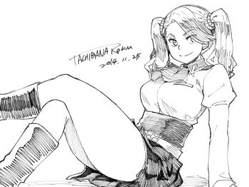 1girl ascot belt boots breasts crossed_legs greyscale gundam gundam_build_fighters gundam_build_fighters_try hair_ornament large_breasts miniskirt monochrome pantyhose sazaki_kaoruko signature skirt smile solo tachibana_roku traditional_media twintails