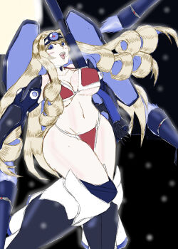1girl bikini blonde_hair blue_eyes blush breasts cecilia_alcott christmas cleavage drill_hair gauntlets headband highres huge_breasts infinite_stratos legs long_hair looking_at_viewer navel open_mouth santa_bikini santa_costume scope smile snowing solo swimsuit teeth thick_thighs thighs thong_bikini tongue traditional_media very_long_hair weapon wide_hips