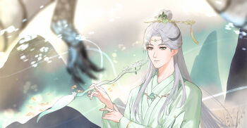 1boy chinese_clothes chinese_hairpin circlet closed_mouth cloud cloudy_sky facial_mark fingernails forehead_mark green_eyes green_hanfu green_sky grey_hair hair_bun hanfu highres holding holding_paintbrush kohanai_setsuna light_particles long_hair long_sleeves looking_ahead male_focus mountain nikki_(series) nostrils paintbrush palms pointy_nose shining_nikki sidelocks single_hair_bun sky smile solo thick_eyebrows thousand-mile_heartland_(shining_nikki) twitter_username upper_body very_long_hair wenren_dian_(shining_nikki) wide_sleeves wind