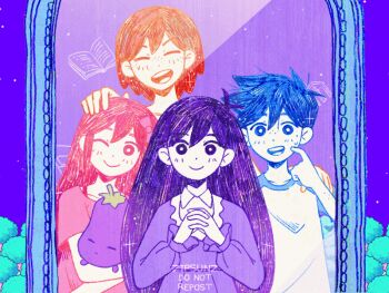 2boys 2girls alternate_costume alternate_hair_color alternate_universe animated animated_gif aubrey_(headspace)_(omori) aubrey_(omori) blue_hair blush bow bright_pupils closed_eyes closed_mouth collarbone colored_skin hair_bow hand_on_another&#039;s_head hero_(headspace)_(omori) hero_(omori) holding holding_stuffed_toy long_hair long_sleeves looking_at_mirror looking_at_viewer mari_(headspace)_(omori) mari_(omori) mirror mr._plantegg_(omori) multiple_boys multiple_girls omori one_eye_closed open_mouth orange_hair pink_bow pink_hair purple_hair short_hair smile stuffed_toy teeth upper_teeth_only white_pupils white_skin zipsunz