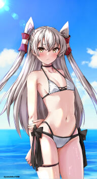 Rule 34 | 1girl, :/, absurdres, amatsukaze (kancolle), arms behind back, bikini, blush, breasts, day, frown, hair between eyes, hair tubes, highres, hip focus, holding own arm, kantai collection, long hair, mizuki (uzuki no sato), navel, ocean, outdoors, side-tie bikini bottom, small breasts, solo, standing, swimsuit, thigh strap, thighs, two side up, very long hair, wet, white bikini, white hair, yellow eyes