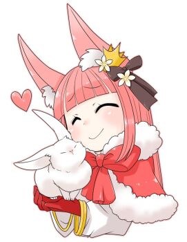 1girl animal animal_ears blunt_bangs blush bow brown_bow cape closed_eyes closed_mouth commentary_request crown fox_ears fox_girl fur-trimmed_cape fur_trim gloves hair_bow heart holding holding_animal holding_rabbit long_hair mini_crown oekakipikki official_alternate_costume pink_hair rabbit ragnarok_online red_cape red_gloves simple_background smile solo upper_body warlock_(ragnarok_online) white_background