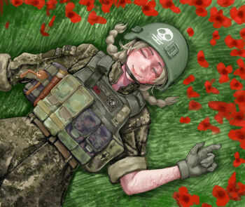 1girl absurdres ammunition_pouch blonde_hair blood_type bulletproof_vest camouflage camouflage_jacket camouflage_pants closed_eyes combat_helmet commentary commission digital_camouflage english_commentary field finnish_flag finnish_text flag_patch flower from_above gloves gondola_(meme) green_helmet helmet highres jacket load_bearing_vest lying m4skedboi meme military military_uniform mm14 myroslava_bozhuk original pants patch poppy_(flower) pouch russo-ukrainian_war scar scar_on_arm scar_on_face shoulder_patch smile soldier spurdo_sparde ukraine