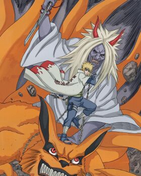 2boys black_headband blonde_hair blue_pants brentonsart chain coat colored_skin commentary demon_horns dual_wielding english_commentary flak_jacket forehead_protector grey_skin headband highres holding holding_knife holding_sword holding_weapon horns jacket kitsune knife kurama_(naruto) long_hair male_focus multiple_boys namikaze_minato naruto_(series) open-toe_shoes open_mouth pants pouch red_eyes red_horns reverse_grip robe rock sharp_teeth shinigami_(naruto) slit_pupils sword teeth weapon white_coat white_hair white_robe