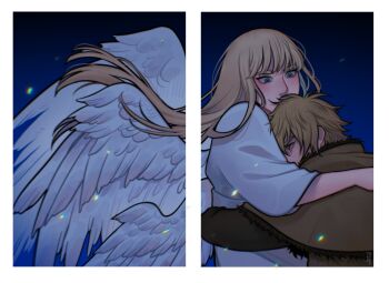 2boys absurdres alternate_costume androgynous angel angel_wings arms_around_shoulders arms_around_waist blonde_hair blue_eyes blunt_bangs brown_eyes canute covered_mouth eyelashes floating_hair fur_trim highres hug joko_boo long_hair looking_at_another looking_down male_focus multiple_boys panels thorfinn vinland_saga wings yaoi