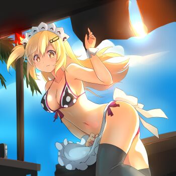 absurdres apron bikini blonde_hair blush breasts cosmic_break hair_ornament highres large_breasts long_hair looking_at_viewer maid_apron maid_headdress monica_gold ponytail swimsuit thighhighs tsiruot yellow_eyes