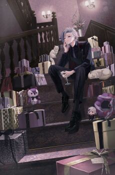 1boy absurdres black_pants black_shoes black_suit box ca_mei character_doll closed_mouth cup doll ear_piercing formal_clothes full_body fuwa_minato fuwa_minato_(2nd_costume) gift gift_box hand_on_own_face highres holding holding_cup indoors jacket looking_at_viewer male_focus multicolored_hair nijisanji open_clothes open_jacket pants parted_bangs piercing plant potted_plant purple_eyes railing shoes short_hair sitting sitting_on_stairs solo stairs streaked_hair suit vest virtual_youtuber waistcoat wall_lamp