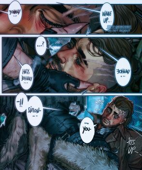 2boys bara black_gloves black_hair black_pants blush brown_jacket call_of_duty call_of_duty:_modern_warfare_2 closed_eyes english_text fingerless_gloves fingernails ghost_(modern_warfare_2) gloves highres jacket looking_at_another male_focus multiple_boys open_clothes open_jacket pants sharp_fingernails short_hair soap_(modern_warfare_2) umikochannart yaoi